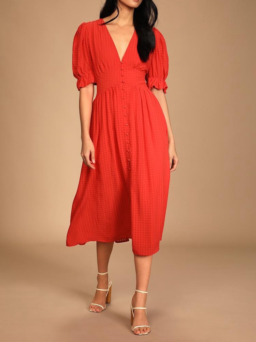 Lulu's Coral-Red Puff Sleeve V-Neck Midi Dress